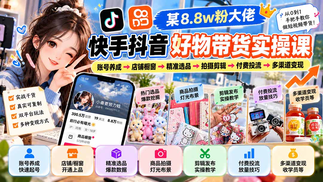 （20733期）某8.8w粉大佬快手抖音好物带货实操课：账号养成→店铺橱窗→精准选品→拍摄剪辑→付费投流→多渠道变现-九节课