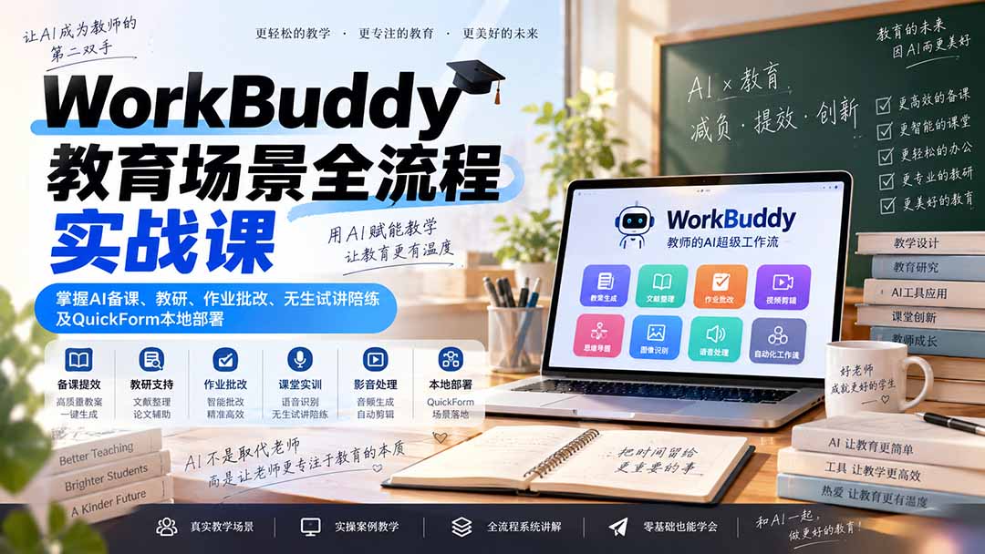 （20518期）WorkBuddy教育场景全流程实战课：掌握AI备课、教研、作业批改、无生试讲陪练及QuickForm本地部署-九节课