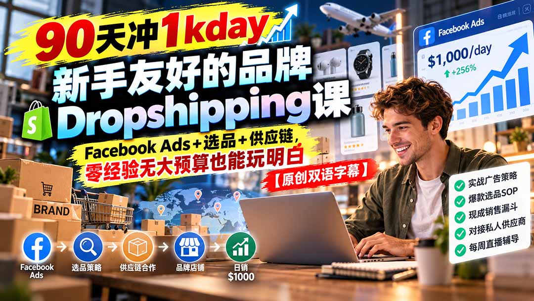 （20738期）90天冲1kday 新手友好的品牌Dropshipping课：Facebook Ads+选品+供应链，零经验无大预算也能玩明白【原创双语字幕】-九节课