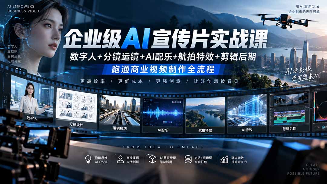 （20548期）企业级AI宣传片实战课｜数字人+分镜运镜+AI配乐+航拍特效+剪辑后期，跑通商业视频制作全流程-九节课