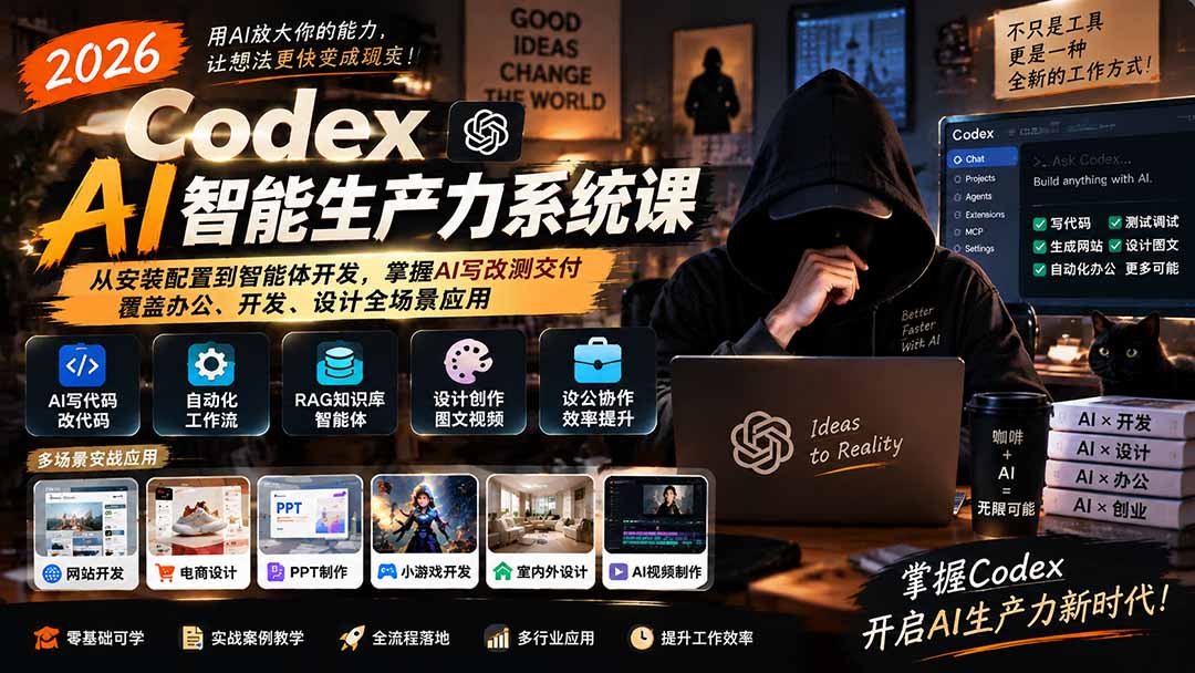 （20535期）2026 Codex AI智能生产力系统课-更新｜从安装配置到智能体开发，掌握AI写改测交付，覆盖办公、开发、设计全场景应用-九节课
