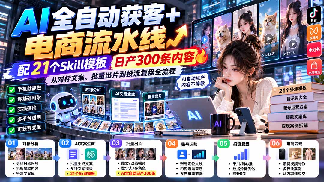 （20664期）AI全自动获客+电商流水线：配21个Skill模板，日产300条内容，从对标文案、批量出片到投流复盘全流程-九节课