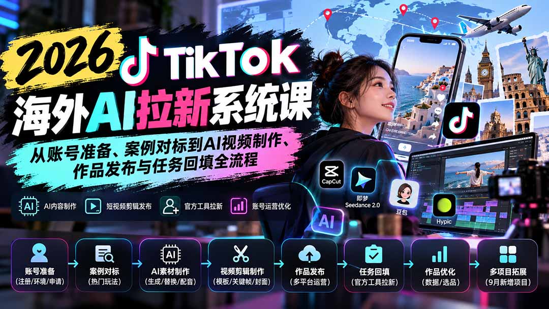 （20675期）【无水印】2026 TikTok海外AI拉新系统课：从账号准备、案例对标到AI视频制作、作品发布与任务回填全流程-九节课