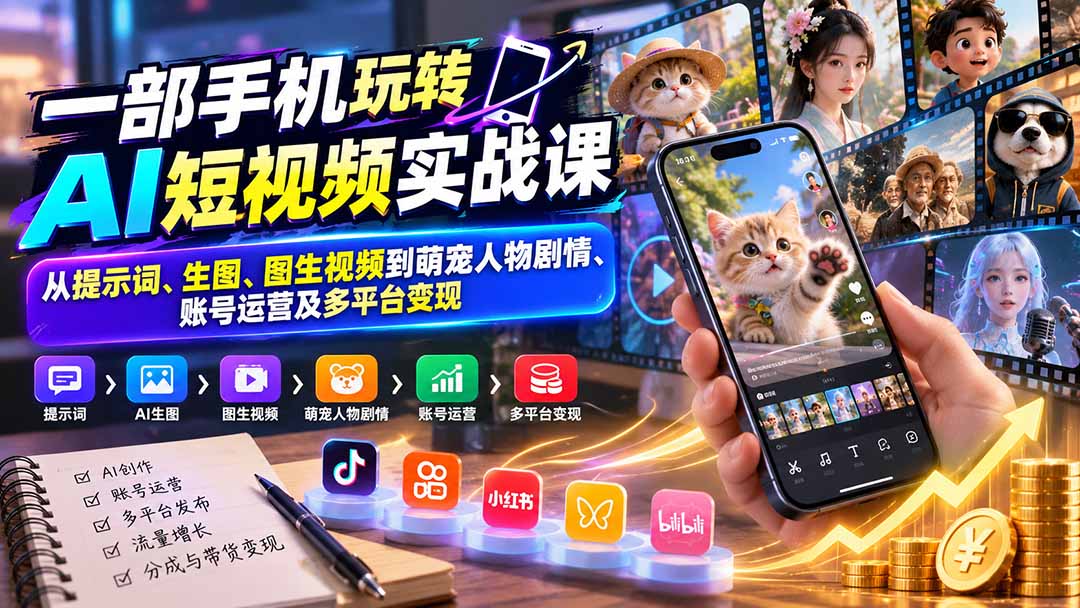 （20663期）一部手机玩转AI短视频实战课：从提示词、生图、图生视频到萌宠人物剧情、账号运营及多平台变现-九节课