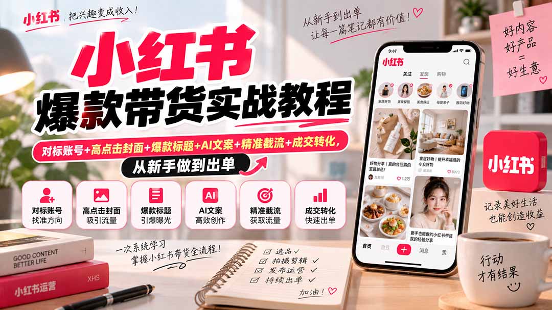 （20473期）小红书爆款带货实战教程｜对标账号+高点击封面+爆款标题+AI文案+精准截流+成交转化，从新手做到出单-九节课