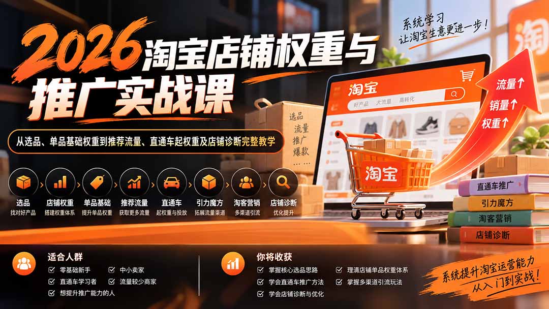 （20411期）2026淘宝店铺权重与推广实战课：从选品、单品基础权重到推荐流量、直通车起权重及店铺诊断完整教学-九节课