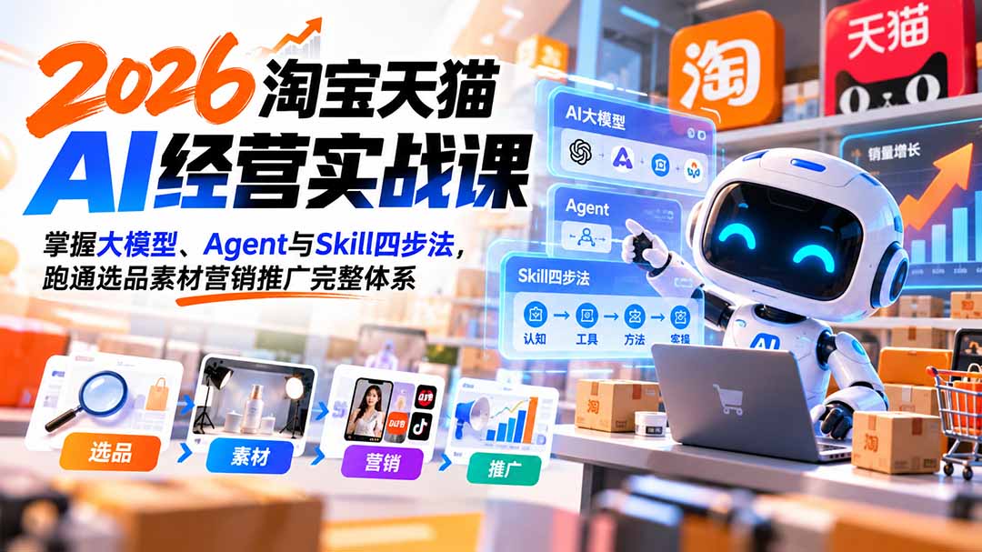 （20676期）【无水印】2026淘宝天猫AI经营实战课：掌握大模型、Agent与Skill四步法，跑通选品素材营销推广完整体系-九节课