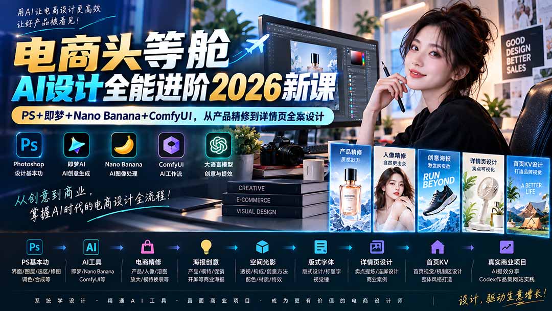 （20284期）电商头等舱AI设计全能进阶2026新课：PS+即梦+Nano Banana+ComfyUI，从产品精修到详情页全案设计-九节课