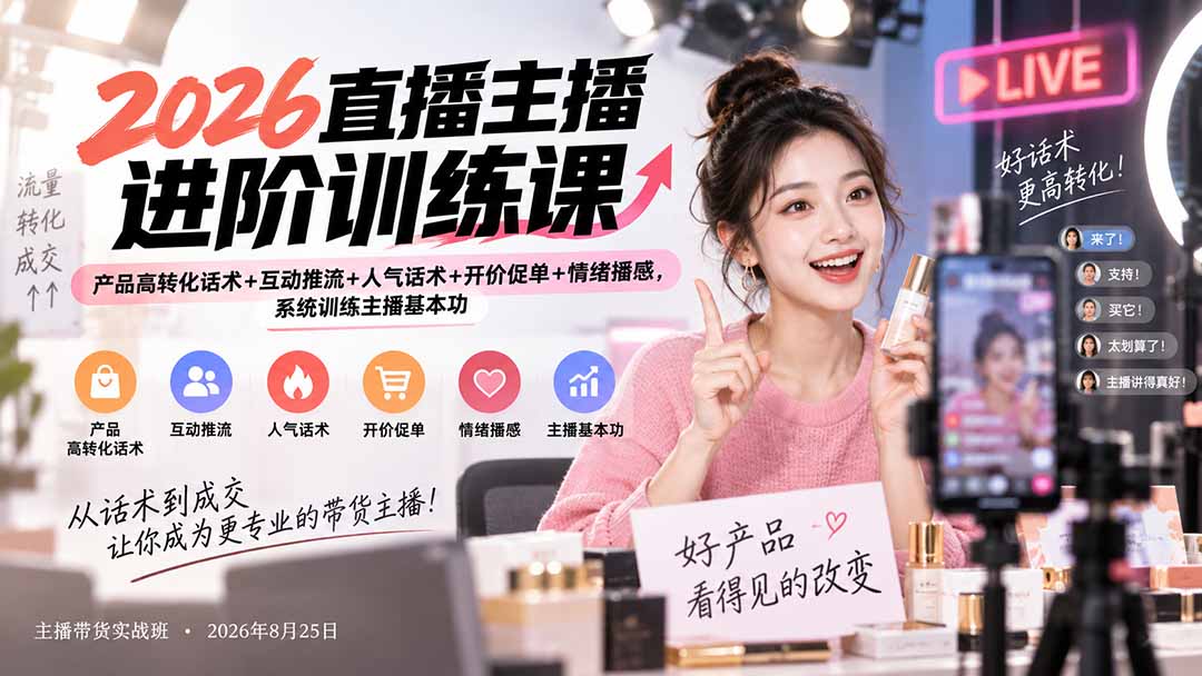 （20408期）2026直播主播进阶训练课：产品高转化话术+互动推流+人气话术+开价促单+情绪播感，系统训练主播基本功-九节课