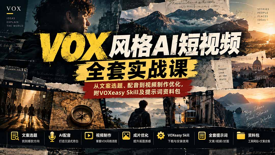 （20677期）【无水印】VOX风格AI短视频全套实战课：从文案选题、配音到视频制作优化，附VOXeasy Skill及提示词资料包-九节课