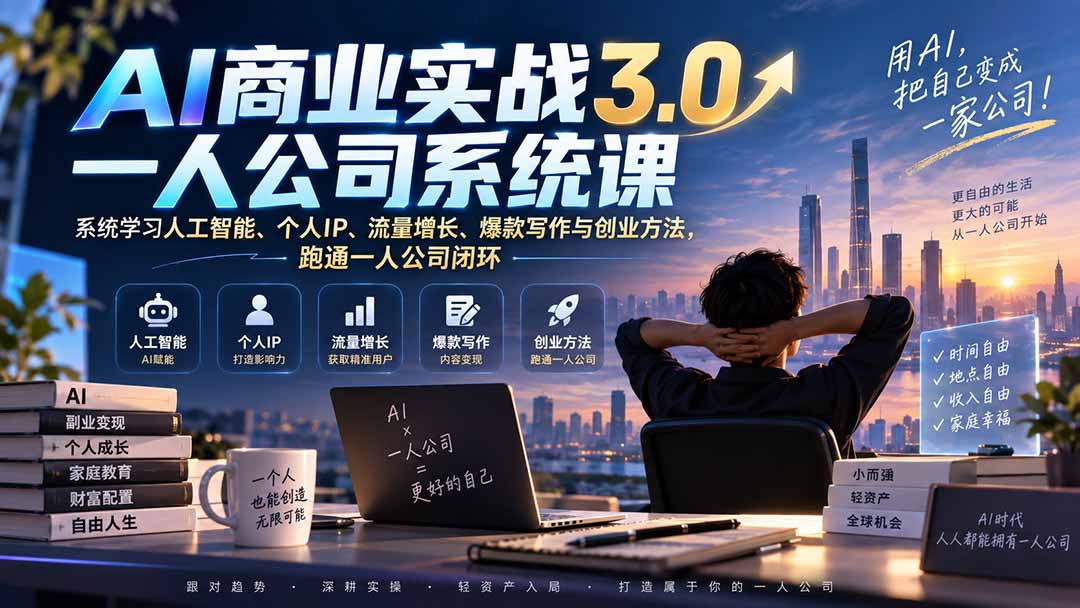 （20249期）AI商业实战3.0一人公司系统课：系统学习人工智能、个人IP、流量增长、爆款写作与创业方法，跑通一人公司闭环-九节课