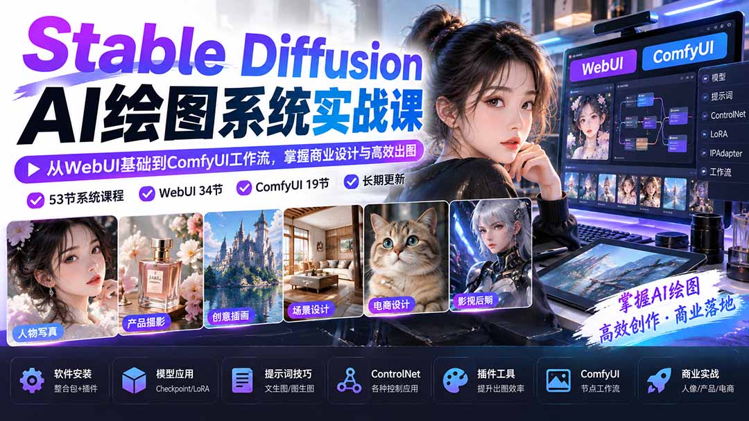 （20678期）Stable Diffusion AI绘图系统实战课：从WebUI基础到ComfyUI工作流，掌握商业设计与高效出图-九节课