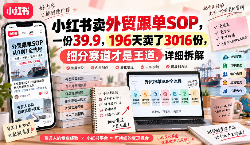 小红书卖外贸跟单sop，一份39.9，196天卖了3016份，细分赛道才是王道，详细拆解-九节课