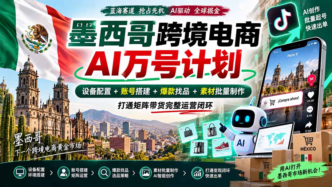 （20500期）墨西哥AI跨境电商万号计划｜设备配置+账号搭建+爆款找品+素材批量制作，打通矩阵带货完整运营闭环-九节课