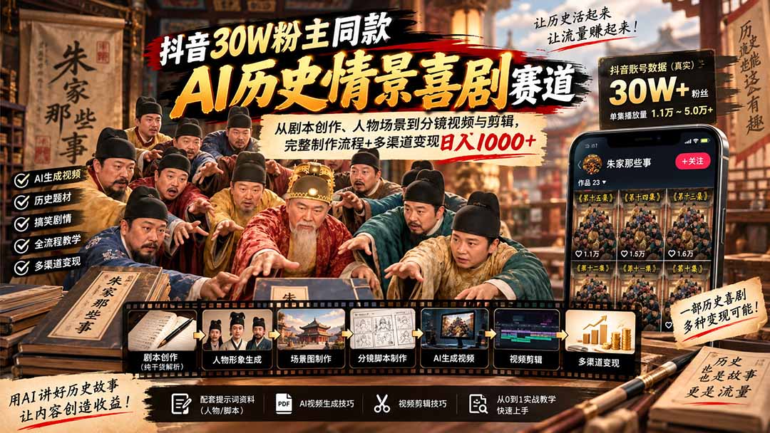 （20613期）抖音30W粉博主同款AI历史情景喜剧赛道：从剧本创作、人物场景到分镜视频与剪辑，完整制作流程+多渠道变现日入1000+-九节课