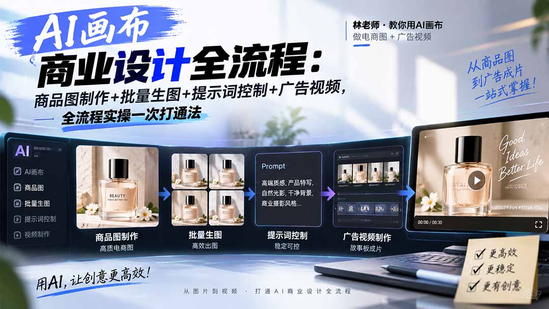 （20576期）AI画布商业设计全流程：商品图制作+批量生图+提示词控制+广告视频，全流程实操一次打通法-九节课