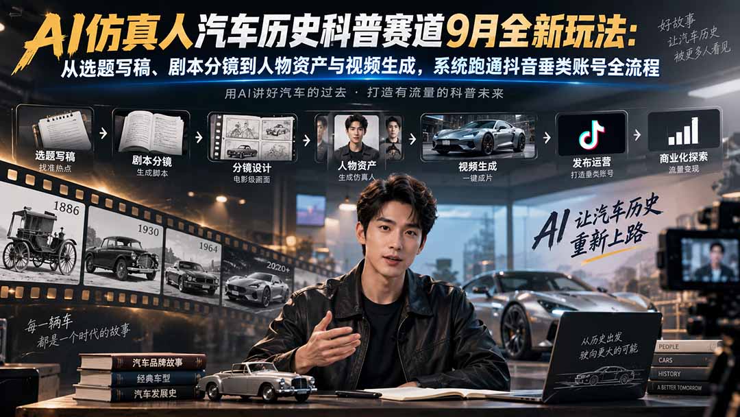 （20413期）AI仿真人汽车历史科普赛道9月全新玩法：从选题写稿、剧本分镜到人物资产与视频生成，系统跑通抖音垂类账号全流程-九节课