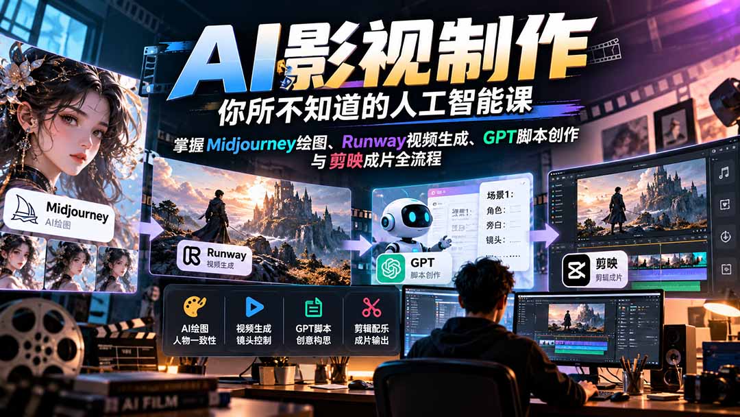 （20681期）AI影视制作-你所不知道的人工智能课，掌握Midjourney绘图、Runway视频生成、GPT脚本创作与剪映成片全流程-九节课