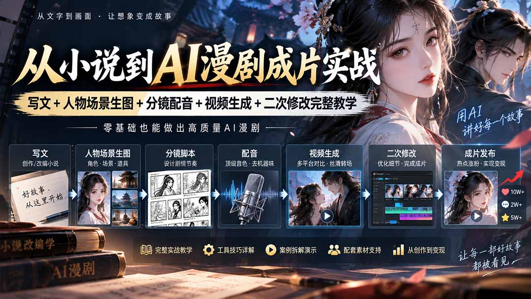 （20577期）从小说到AI漫剧成片实战：写文+人物场景生图+分镜配音+视频生成+二次修改完整教学-九节课