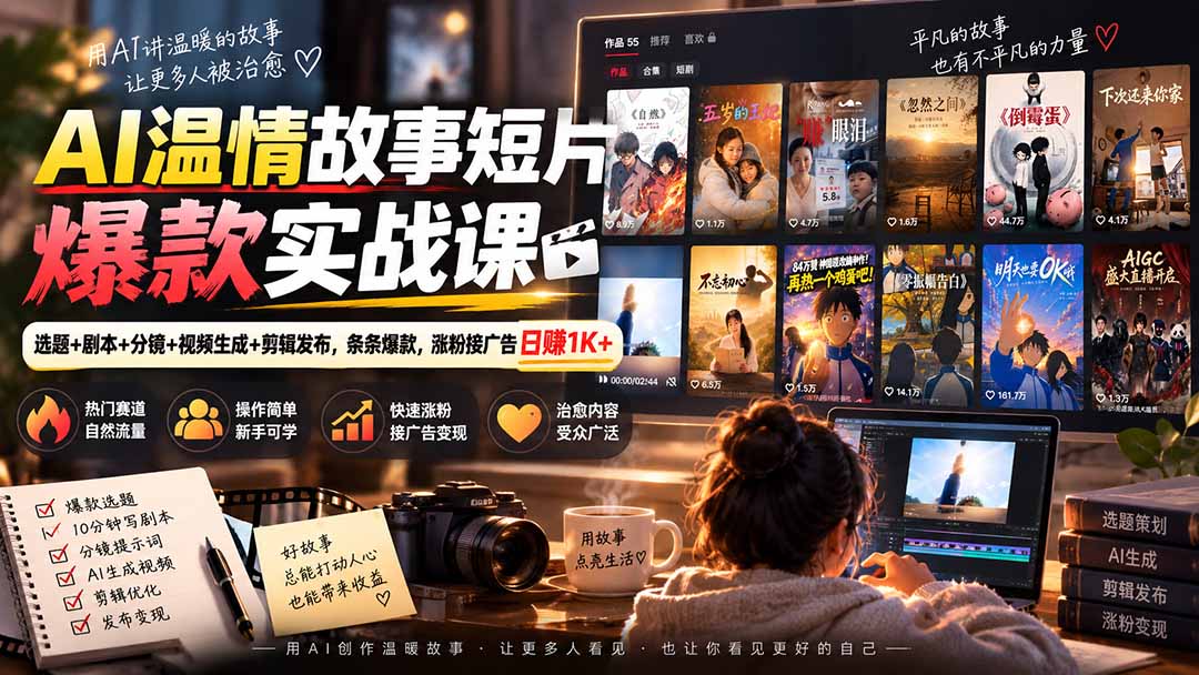 （20477期）AI温情故事短片爆款实战课-更新｜选题+剧本+分镜+视频生成+剪辑发布，条条爆款，涨粉接广告日赚1K+-九节课