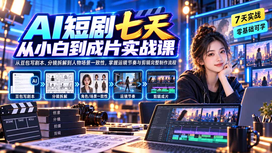 （20329期）AI短剧七天从小白到成片实战课：从豆包写剧本、分镜拆解到人物场景一致性，掌握运镜节奏与剪辑完整制作流程-九节课