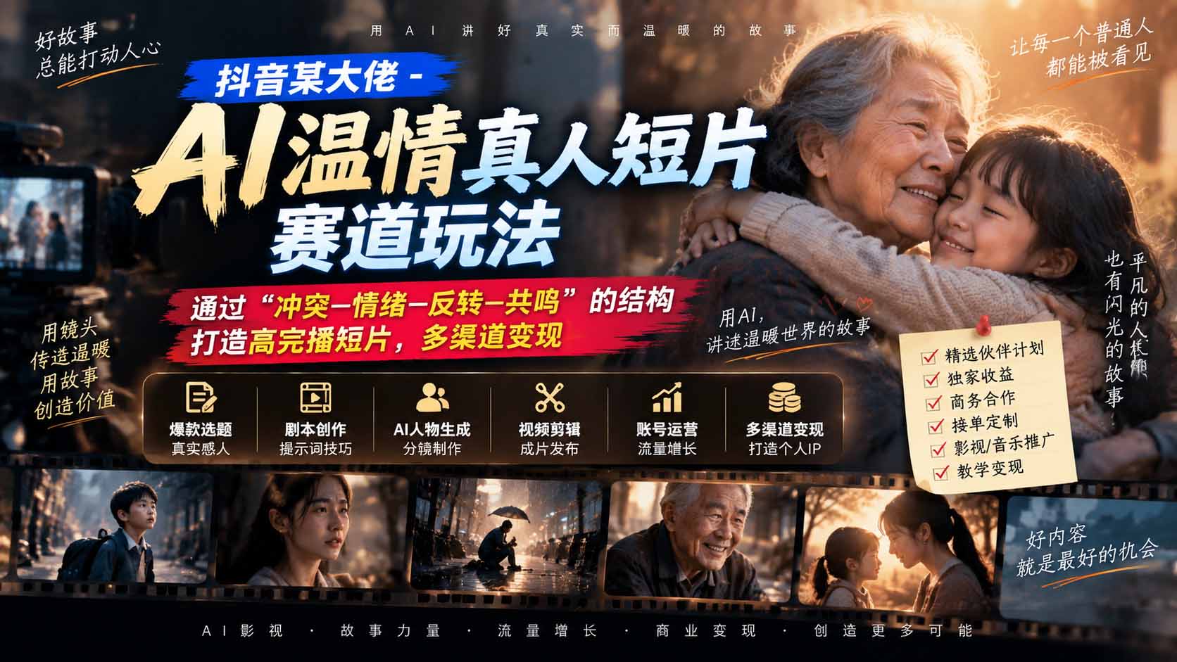 （20538期）抖音某大佬-AI温情真人短片赛道玩法：通过“冲突—情绪—反转—共鸣”的结构打造高完播短片，多渠道变现-九节课