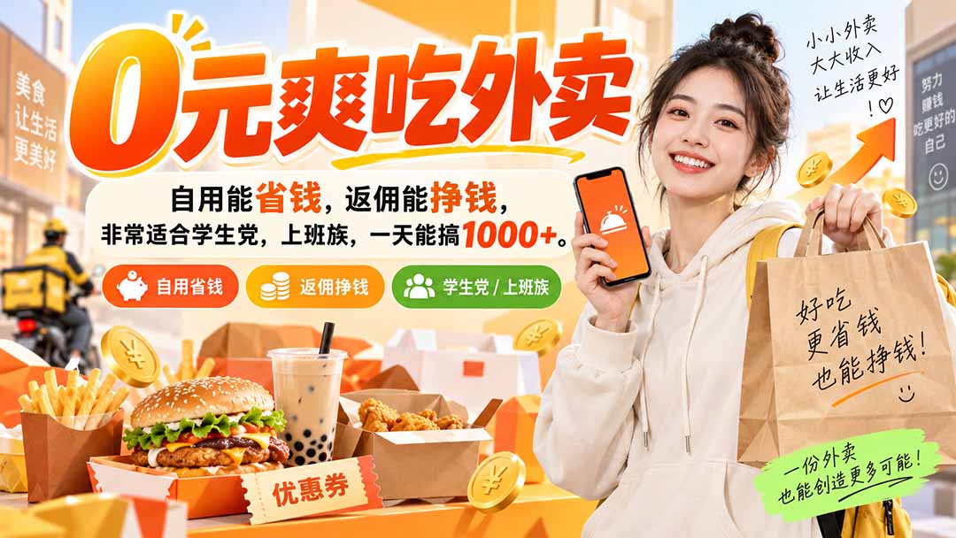 （20309期）0元爽吃外卖，自用能省钱，返佣能挣钱，非常适合学生党，上班族，一天能搞1000+-九节课