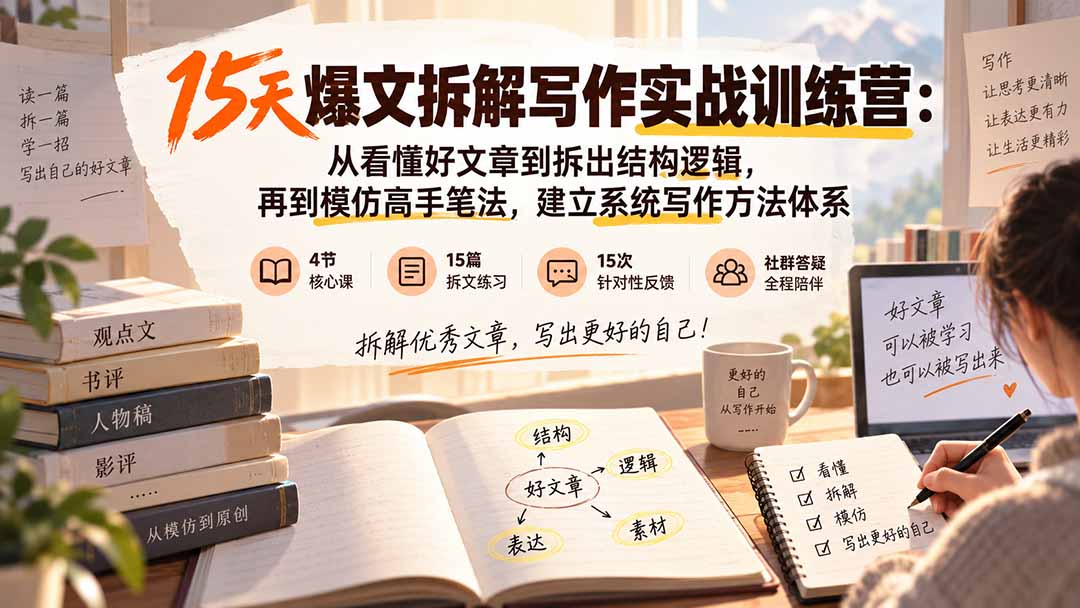 (20271期)15天爆文拆解写作实战训练营:从看懂好文章到拆出结构逻辑,再到模仿高手笔法,建立系统写作方法体系-九节课