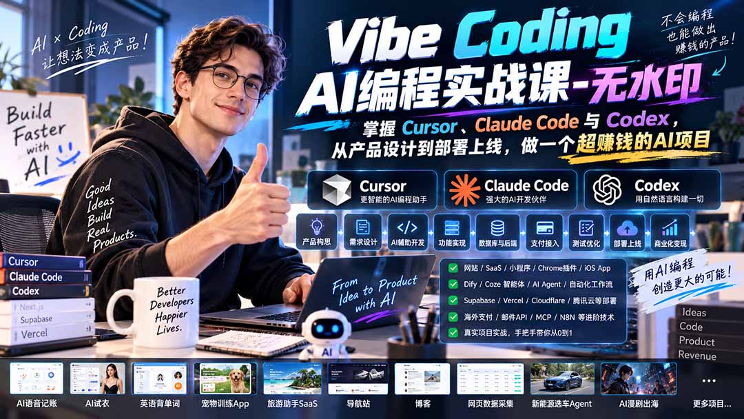 （20431期）Vibe Coding AI编程实战课-无水印：掌握Cursor、Claude Code与Codex，从产品设计到部署上线，做一个超赚钱的AI项目-九节课