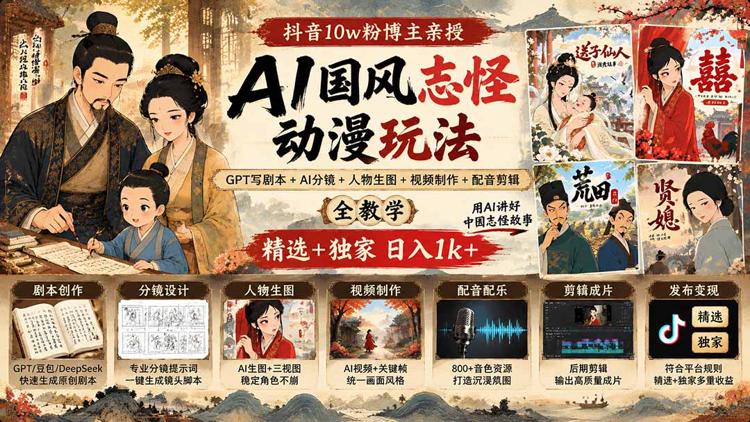 （20538期）抖音10w粉博主亲授AI国风志怪动漫玩法｜GPT写剧本+AI分镜+人物生图+视频制作+配音剪辑全教学｜精选+独家日入1k+-九节课