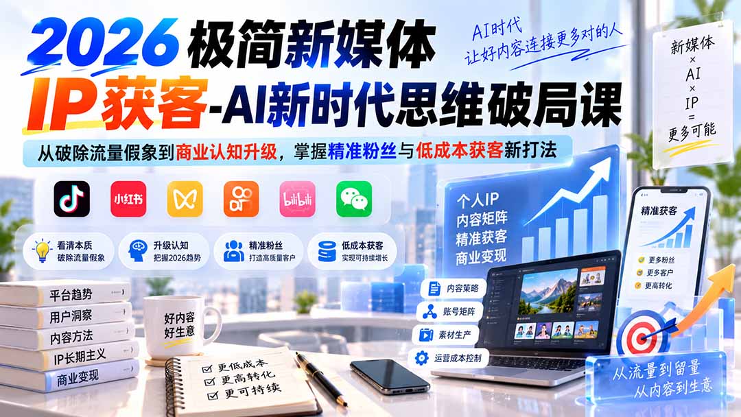 （20272期）2026极简新媒体IP获客-AI新时代思维破局课：从破除流量假象到商业认知升级，掌握精准粉丝与低成本获客新打法-九节课