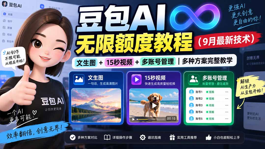 （20288期）豆包AI无限额度教程（9月最新技术）｜文生图+15秒视频+多账号管理｜多种方案完整教学-九节课