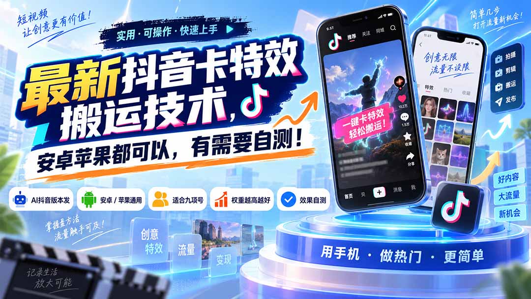 （20606期）最新抖音卡特效搬运技术，安卓苹果都可以，有需要自测！-九节课