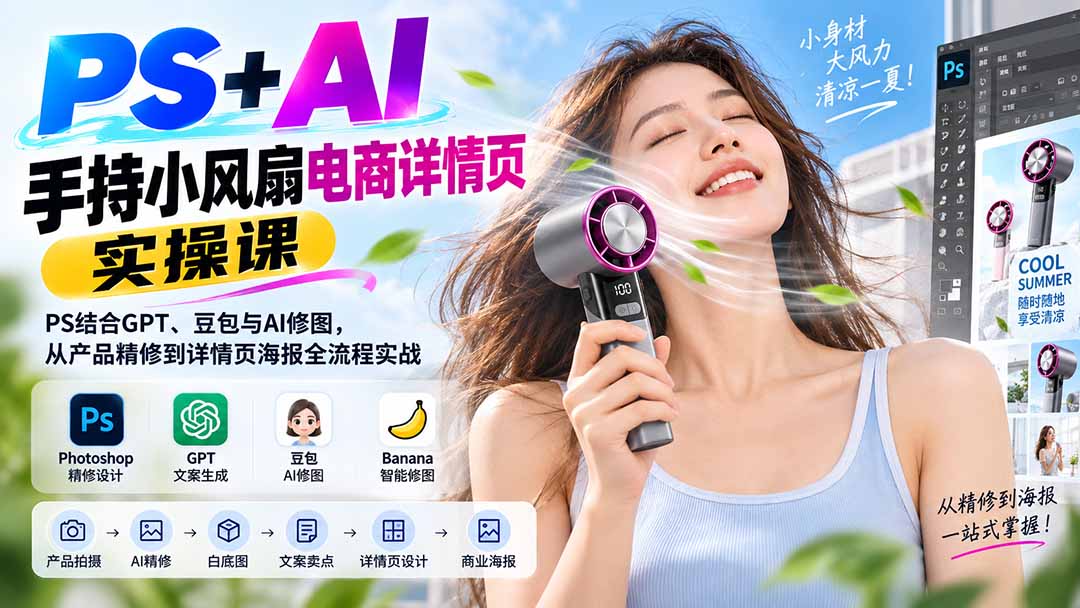 （20273期）PS+AI手持小风扇电商详情页实操课：PS结合GPT、豆包与AI修图，从产品精修到详情页海报全流程实战-九节课