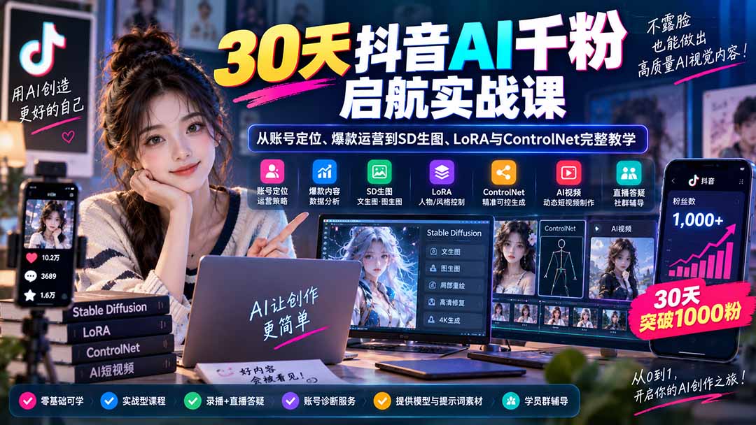 （20291期）30天抖音AI千粉启航实战课：从账号定位、爆款运营到SD生图、LoRA与ControlNet完整教学-九节课