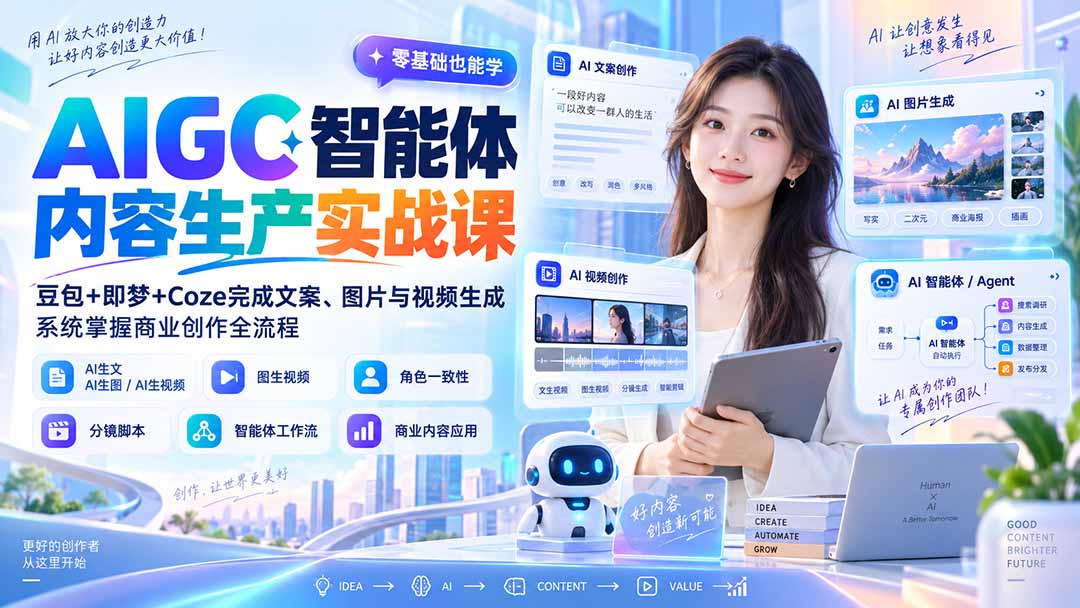 （20372期）AIGC智能体内容生产实战课：豆包+即梦+Coze完成文案、图片与视频生成，系统掌握商业创作全流程-九节课