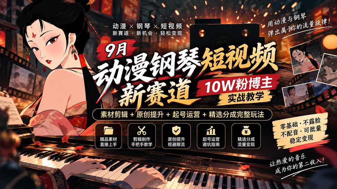 （20506期）9月动漫钢琴短视频新赛道｜10W粉博主实战教学，素材剪辑+原创提升+起号运营+精选分成完整玩法-九节课