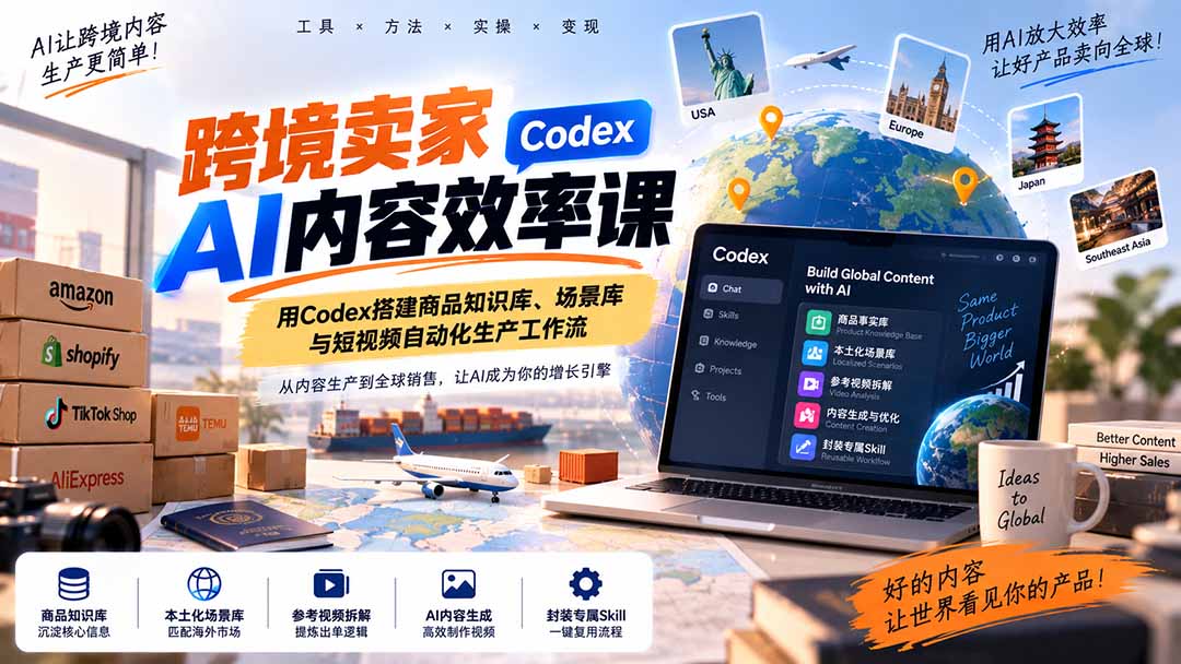 （20595期）跨境卖家AI内容效率课：用Codex搭建商品知识库、场景库与短视频自动化生产工作流-九节课