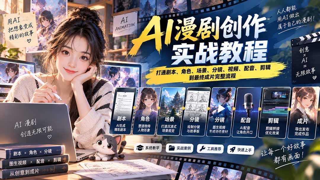 （20597期）2026 AI漫剧创作实战教程：打通剧本、角色、场景、分镜、视频、配音、剪辑到最终成片完整流程-九节课