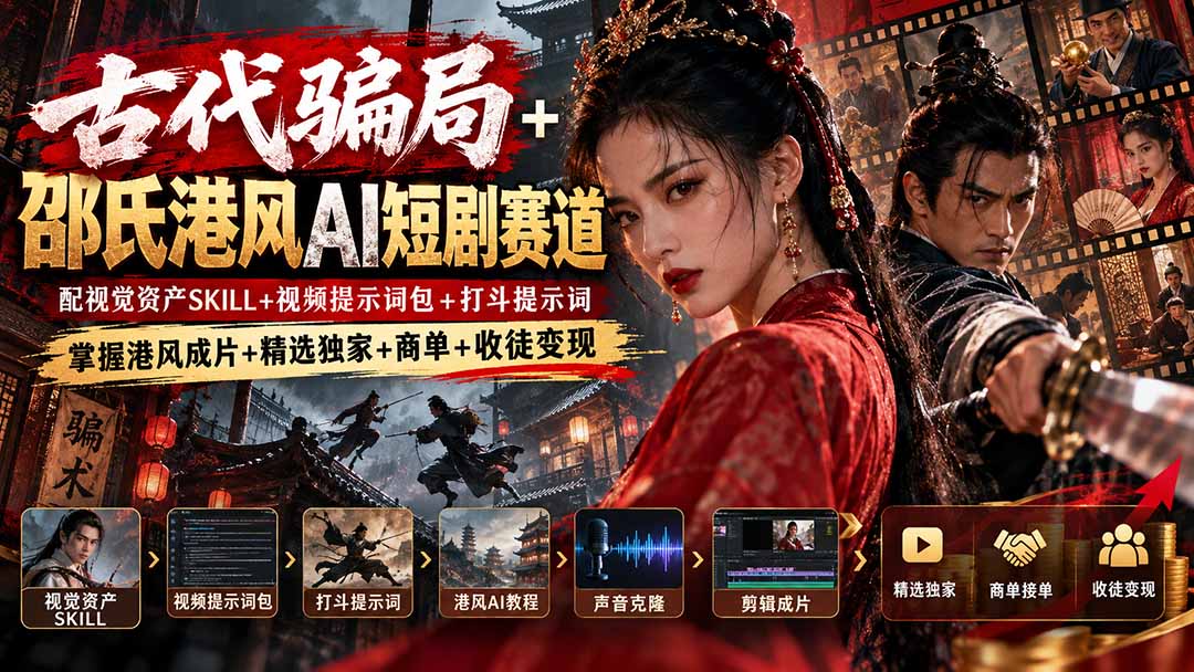 （20684期）古代骗局+邵氏港风AI短剧赛道：配视觉资产SKILL+视频提示词包+打斗提示词，掌握港风成片+精选独家+商单+收徒变现-九节课