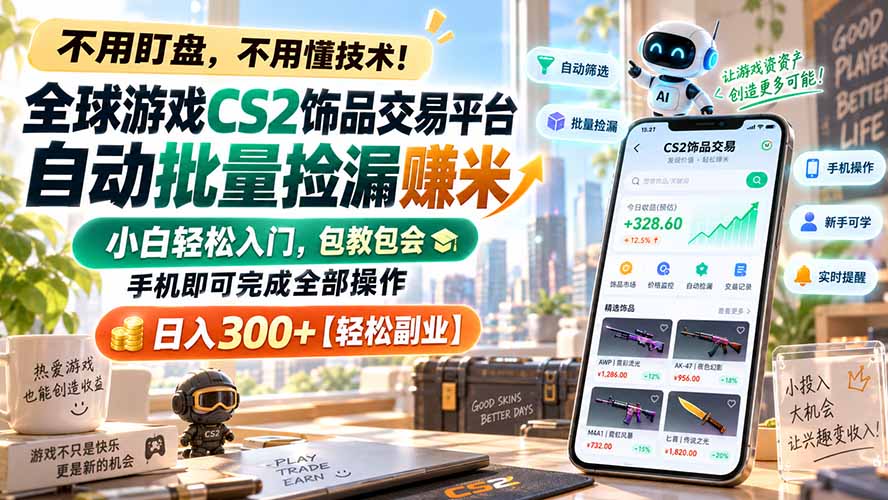 （20454期）全球游戏CS2饰品交易平台自动批量捡漏赚米，小白轻松入门，包教包会，手机即可完成全部操作，日入300+【轻松副业】-九节课