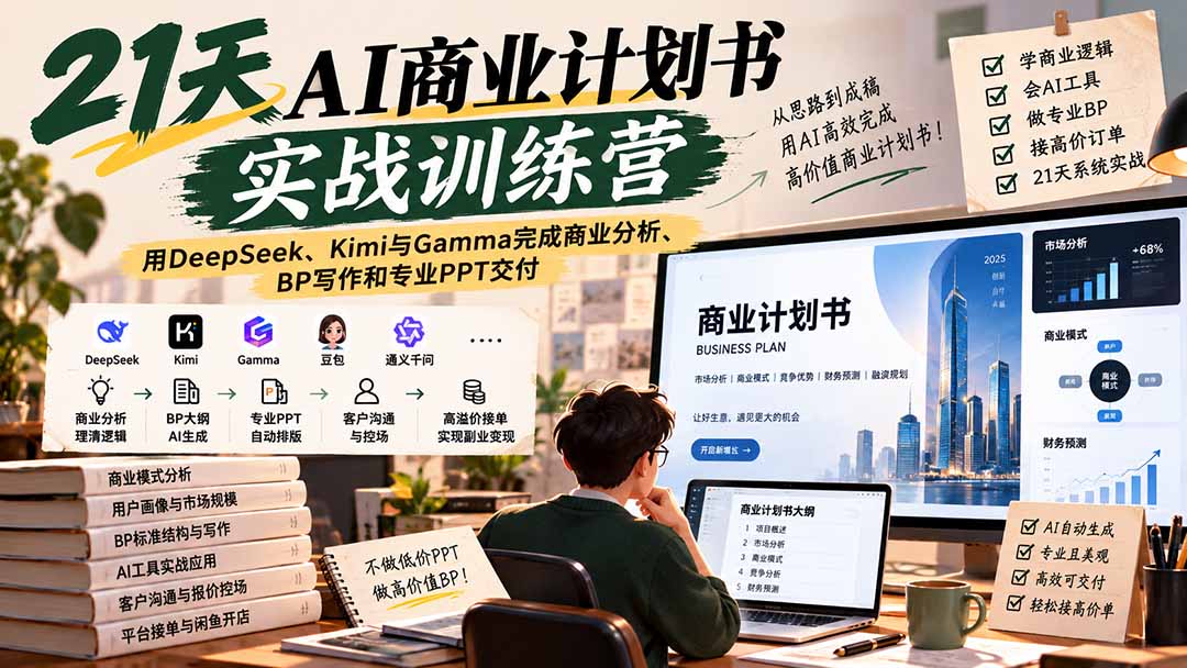 （20637期）【无水印】21天AI商业计划书实战训练营：用DeepSeek、Kimi与Gamma完成商业分析、BP写作和专业PPT交付-九节课