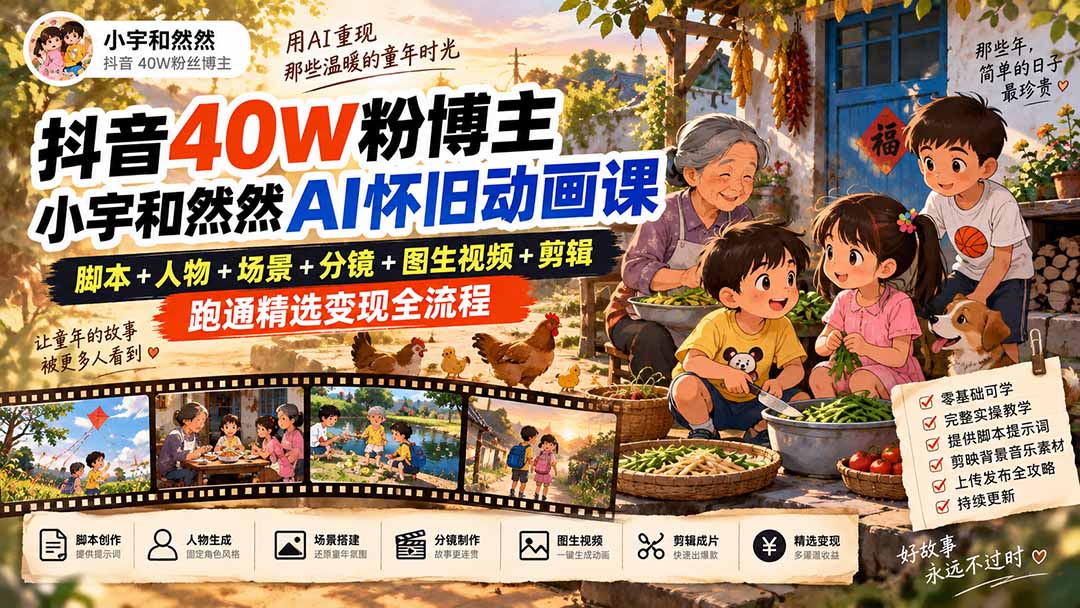 （20549期）抖音40W粉博主小宇和然然AI怀旧动画课｜脚本+人物+场景+分镜+图生视频+剪辑，跑通精选变现全流程-九节课
