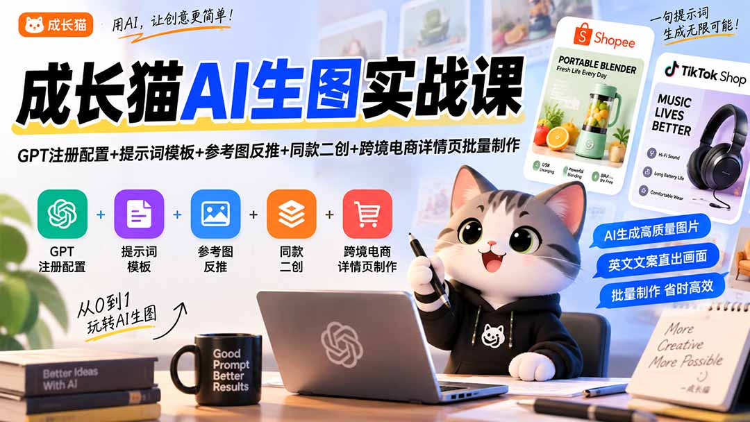 （20482期）成长猫AI生图实战课｜GPT注册配置+提示词模板+参考图反推+同款二创+跨境电商详情页批量制作-九节课