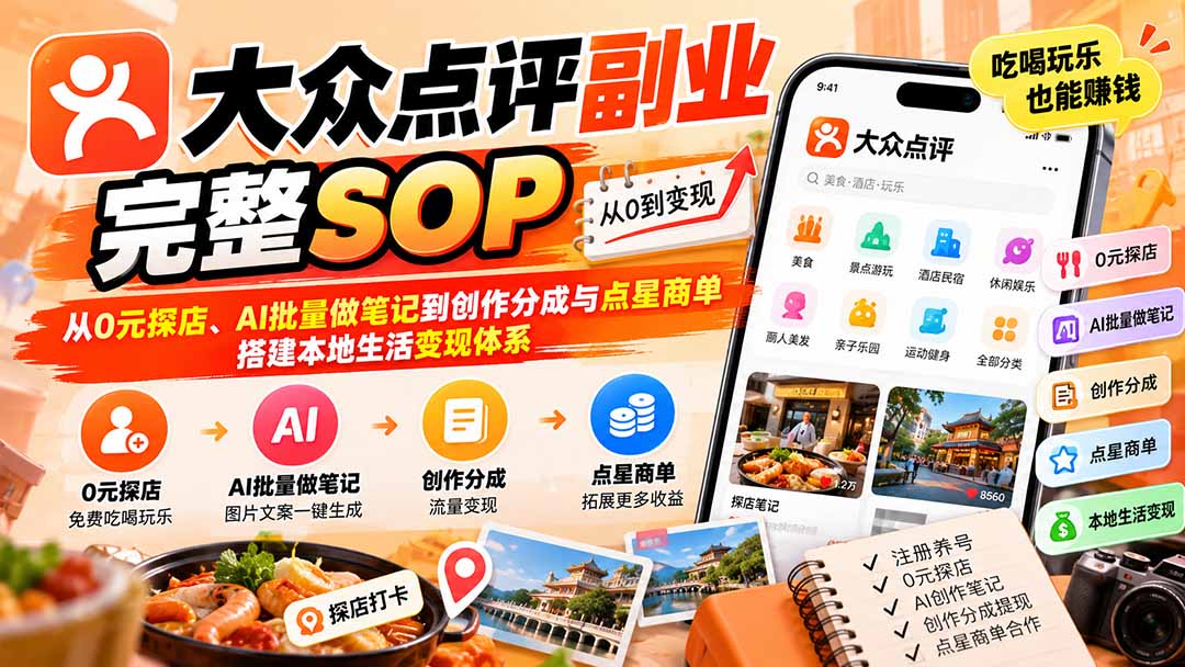 （20638期）【无水印】大众点评副业完整SOP：从0元探店、AI批量做笔记到创作分成与点星商单，搭建本地生活变现体系-九节课