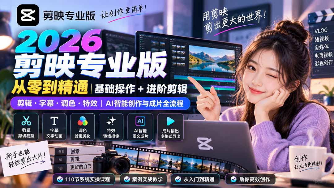 （20276期）2026剪映专业版从零到精通｜基础操作+进阶剪辑｜剪辑·字幕·调色·特效｜AI智能创作与成片全流程-九节课