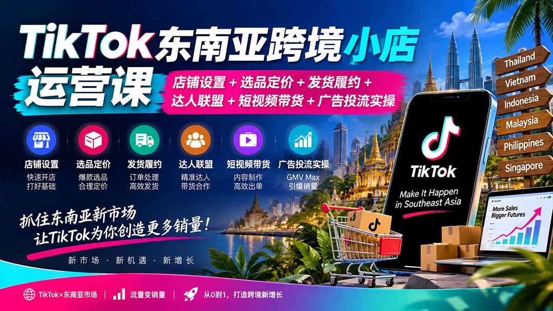 （20483期）TikTok东南亚跨境小店运营课：店铺设置+选品定价+发货履约+达人联盟+短视频带货+广告投流实操-九节课