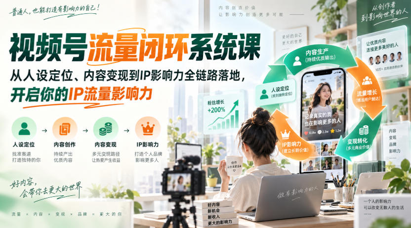 视频号流量闭环系统课，从人设定位、内容变现到IP影响力全链路落地，开启你的IP流量影响力-九节课