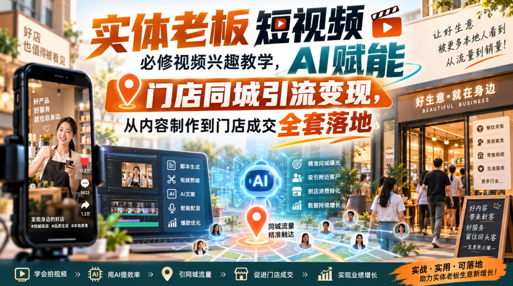 实体老板短视频必修视频兴趣教学，AI赋能门店同城引流变现，AI+短视频+直播打爆实体客流量-九节课