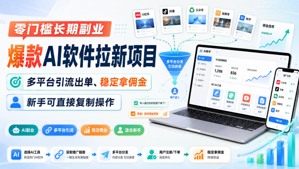 零门槛长期副业，爆款AI软件拉新项目，多平台引流出单、稳定拿佣金，新手可直接复制操作-九节课